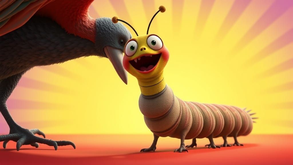 Excited Caterpillar Points to Bird: 3D Render