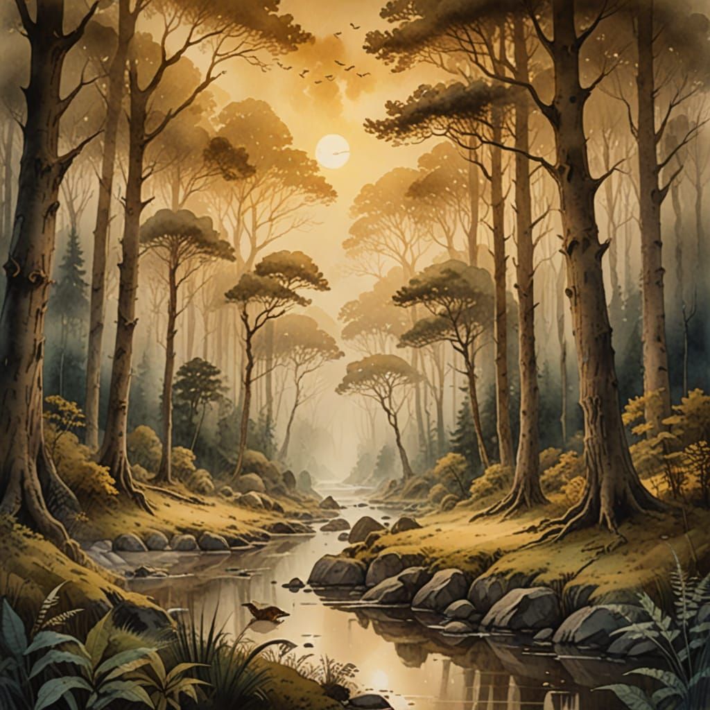 Misty Forest Landscape in Watercolor Style