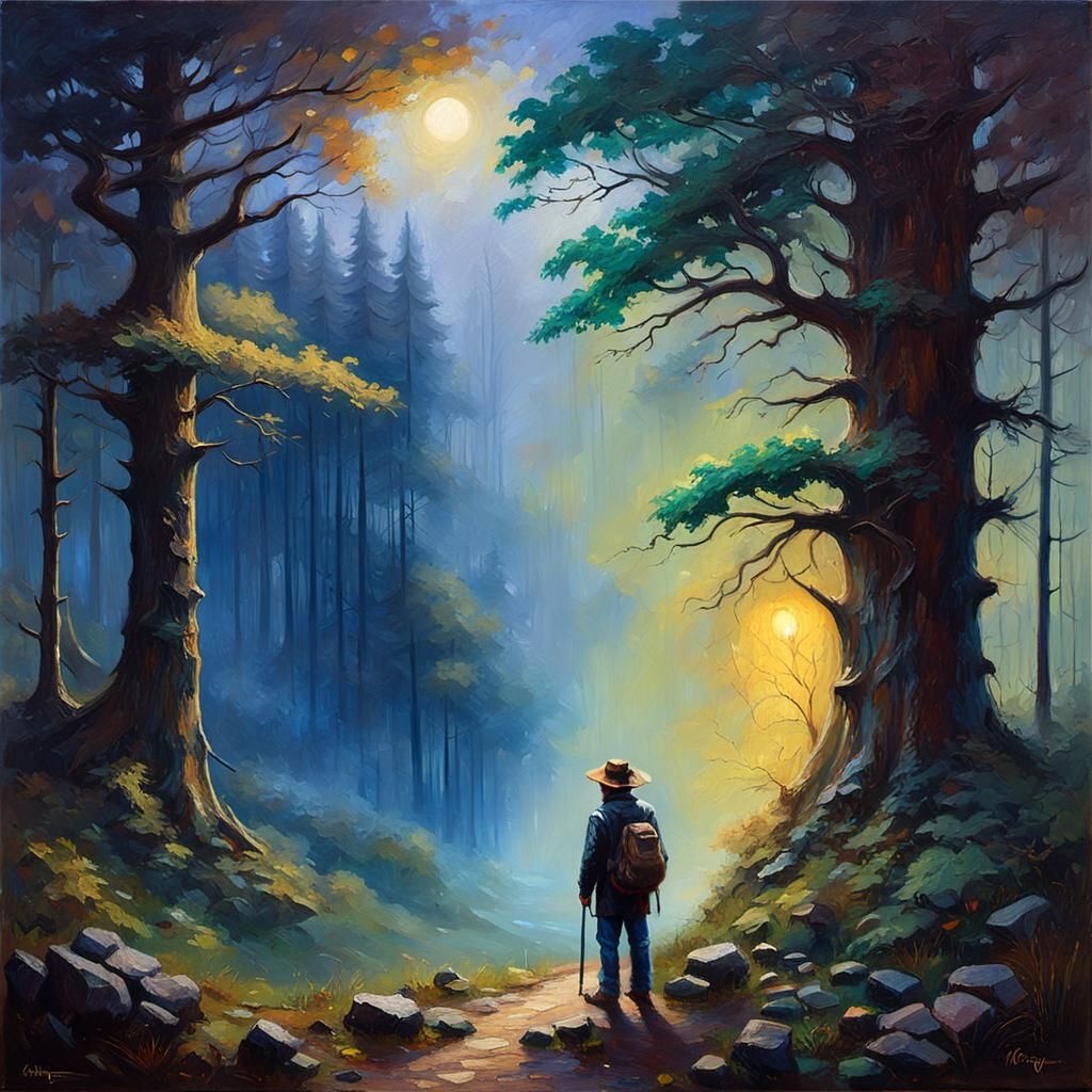 Lone Adventurer at the Edge of a Mystical Forest in the Styl...