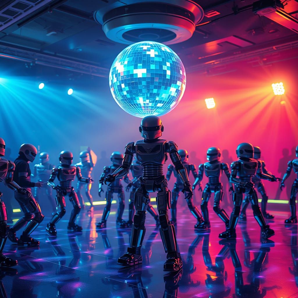 Cyberpunk Disco Scene with Holographic Lights and Dancing Ro...