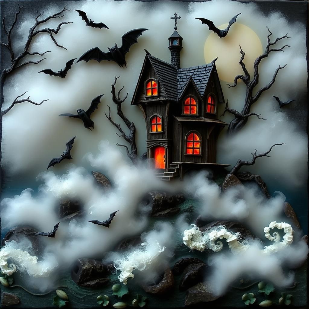 Eerie Coastal Village in Assemblage Art Style