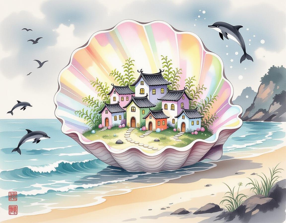 Whimsical Fairy Village in Seashell, Chinese Ink Painting