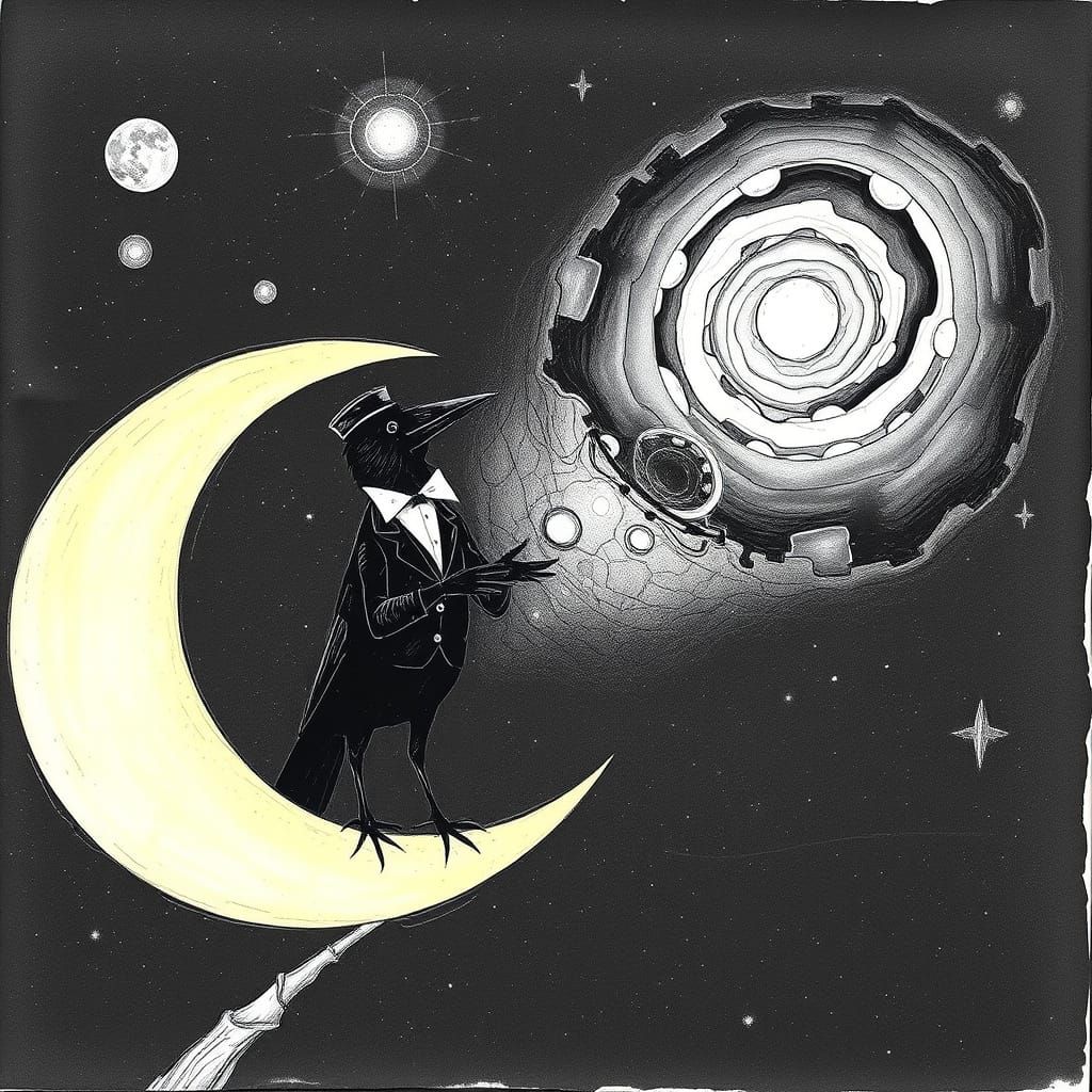 Cosmic Raven on Moon in Aquatint Style