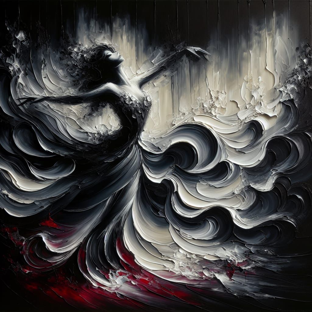 Elegant Woman Dancing in Dark, Moody Oil Painting