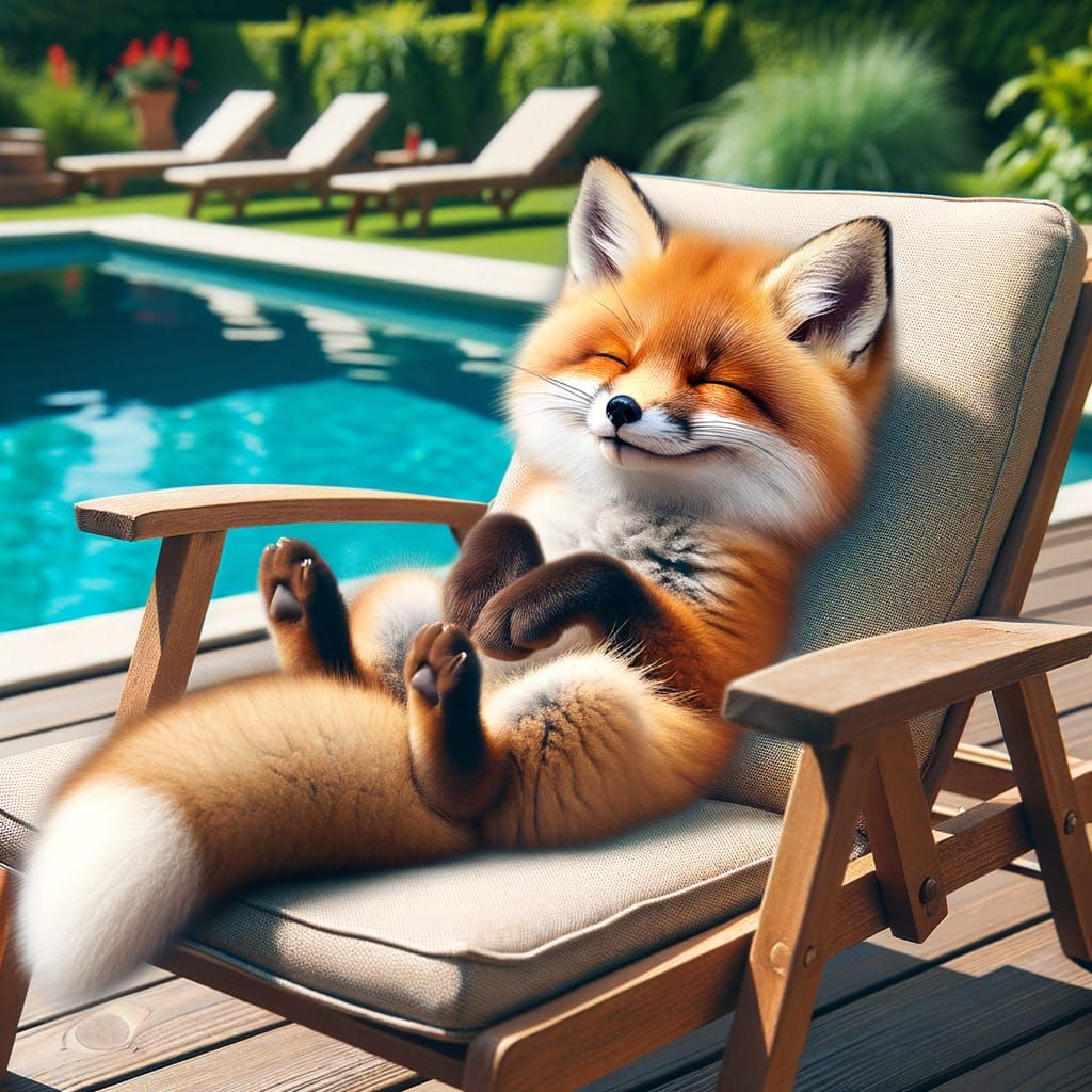 Fluffy Red Fox Lounging by Pool in Vivid Sunlight