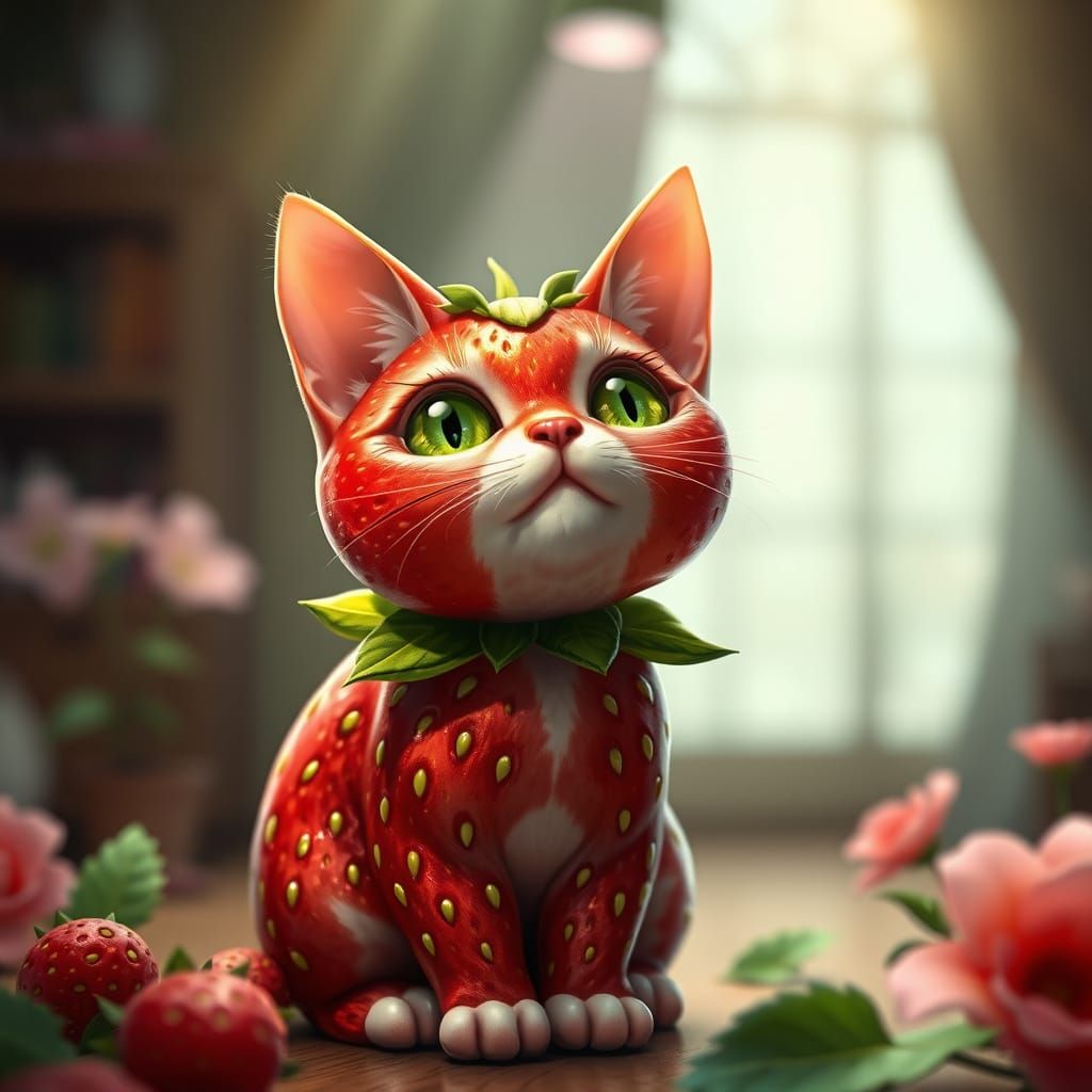 Whimsical Strawberry Cat in Art Nouveau Style