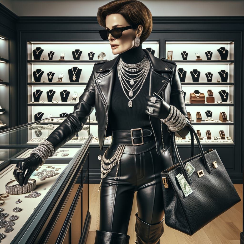 Audacious Woman Robs Upscale Jewelry Store in Edgy Black Lea...