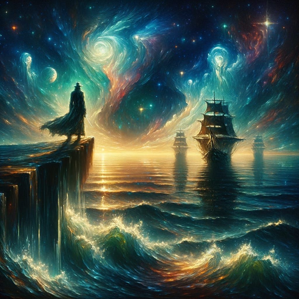 Mystical Seascape with Lone Figure and Starry Sky