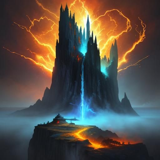 Epic Cliffside Battle: Monster, Wizard, and Warrior