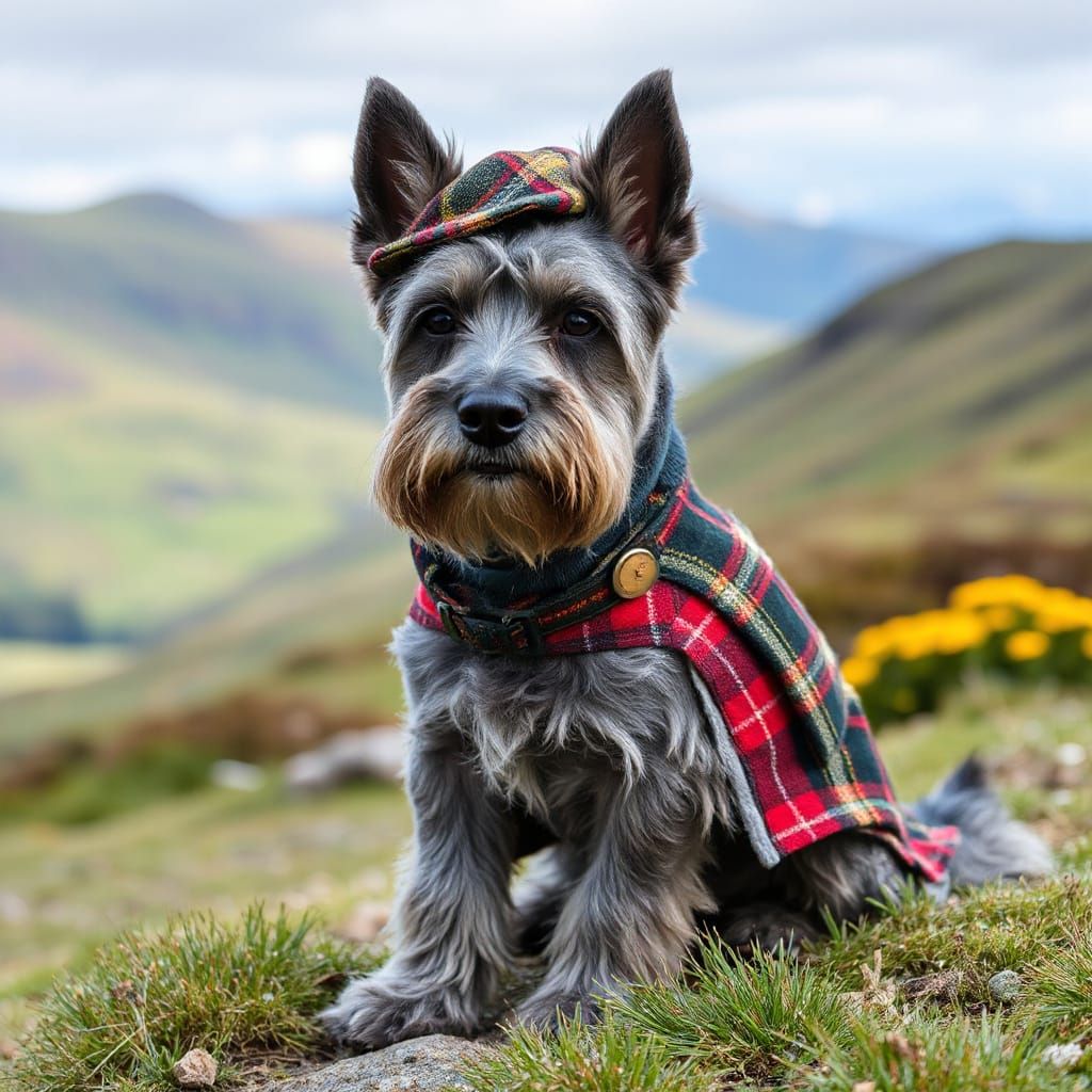 Scottish Terrier in Tartan Attire in the Scottish Highlands