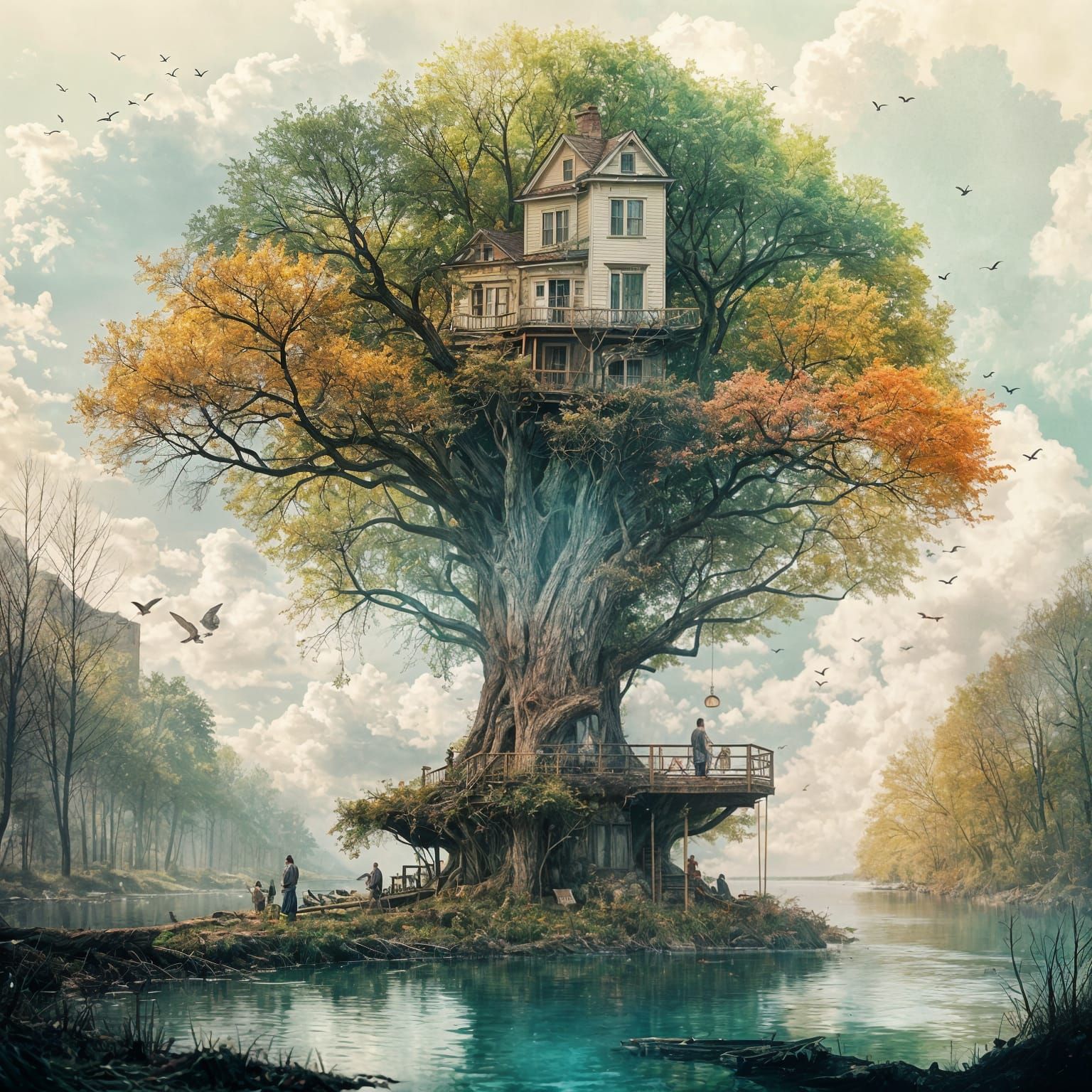 Surreal Double Exposure of Oak Tree House and Lake in a Brok...