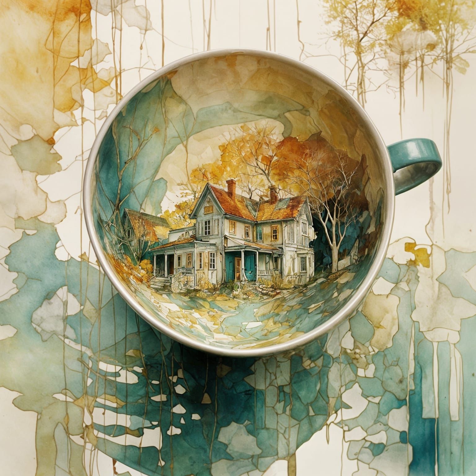 Surreal Scene of Treehouse and Lake in a Broken Cup