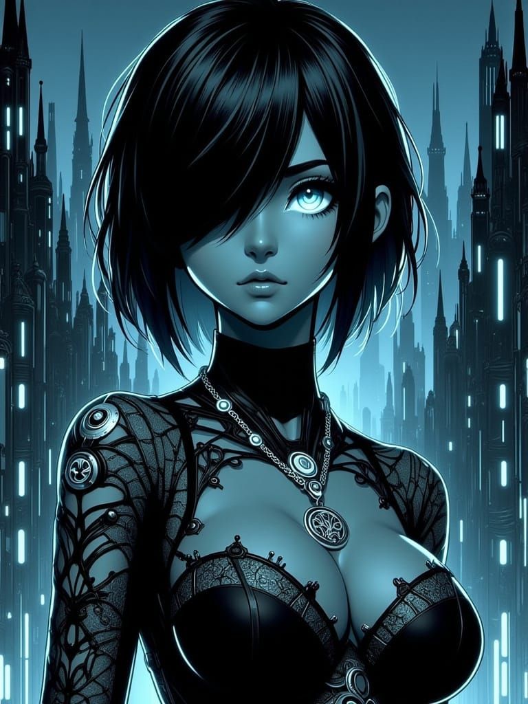 An Anime stylized illustration of a defiant cyborg Goth woman with short black metallic hair swept across one eye, pale ...