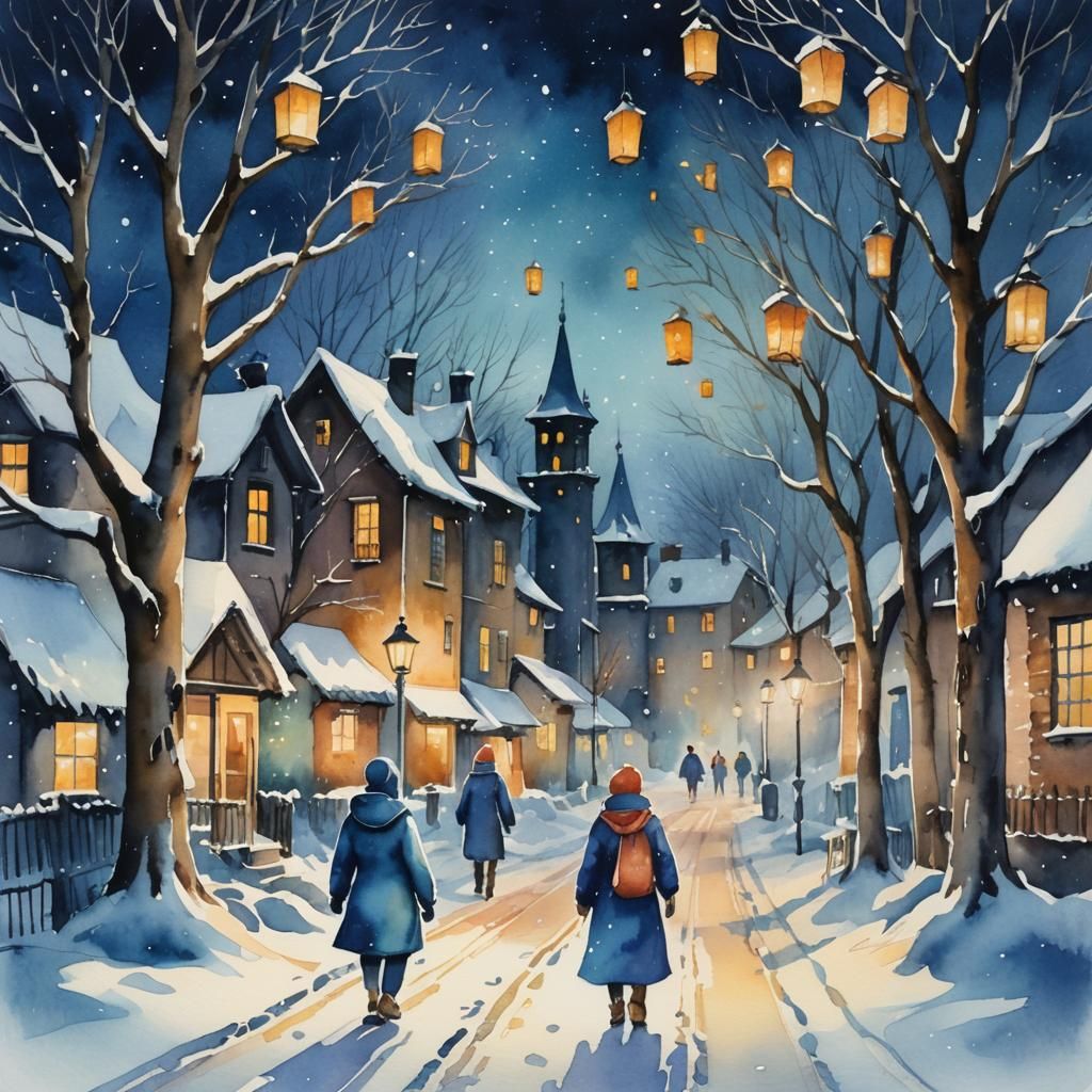 Snowy Village at Night: Whimsical Watercolor Painting