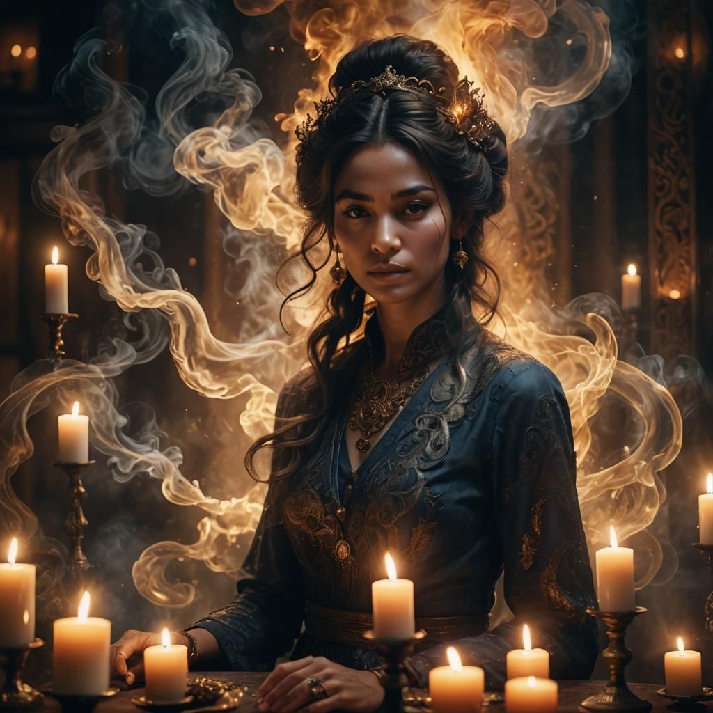 Woman in Candlelit Studio with Swirling Smoke
