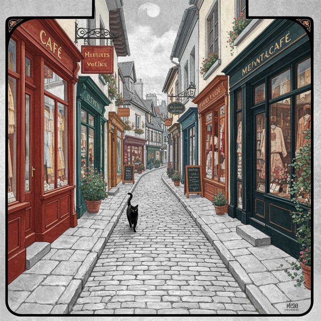 Charming Black Cat Stroll in European Village