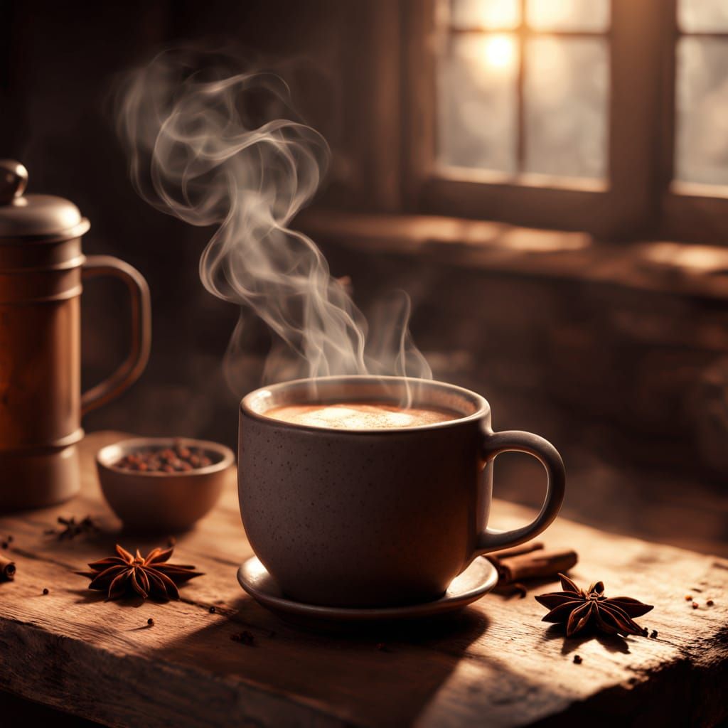 Steaming Sbiten Mug on Rustic Table in Dark Academia Style