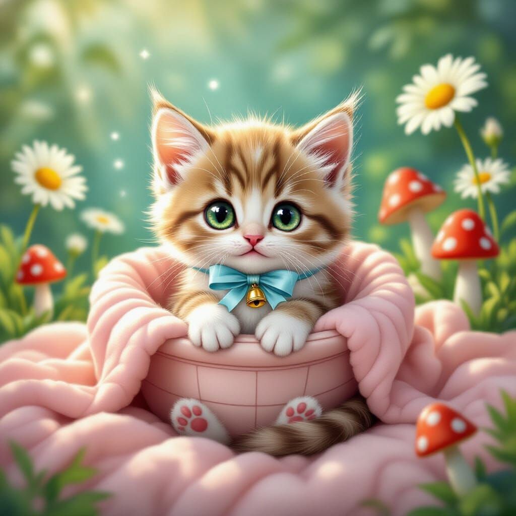 Adorable Kitten in Enchanted Forest with Daisies