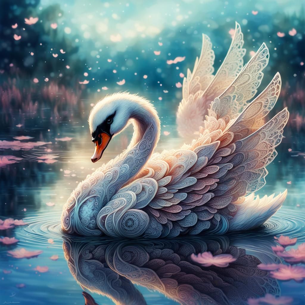 Chibi Lace Swan on Lake: Detailed Digital Art