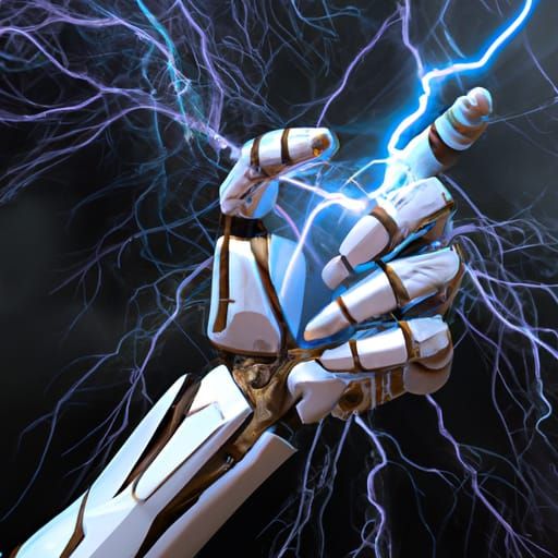 Robot Hand Holds Lightning Bolt: Hyper Detailed