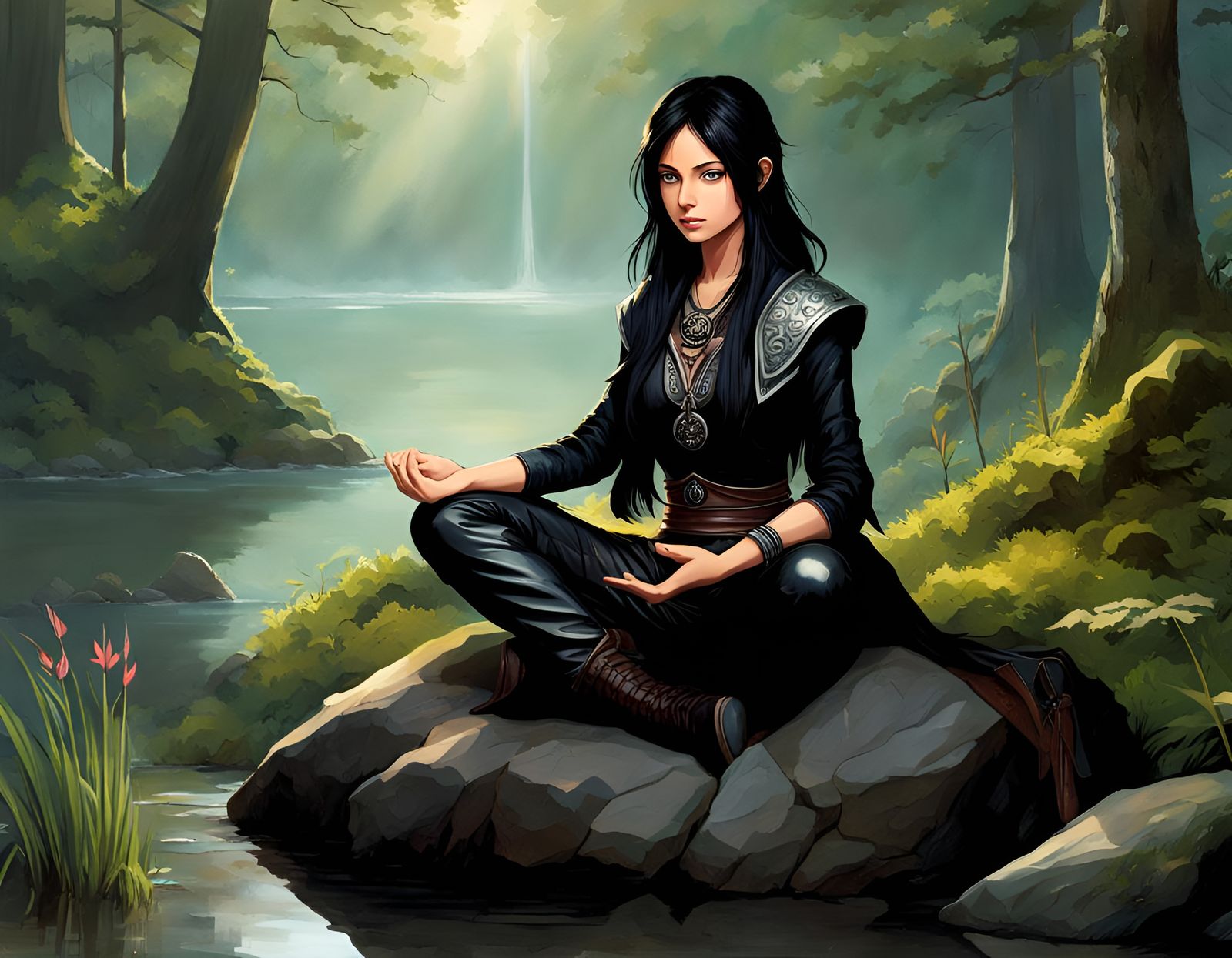 Meditating Girl in Misty Forest: Digital Art