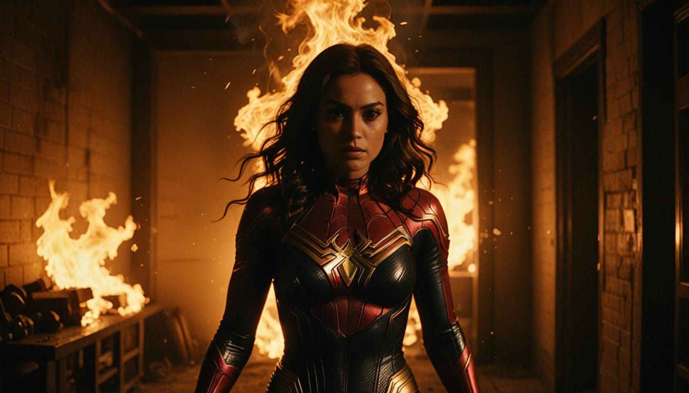 Dramatic Cinematic Portrait of Spider-Woman in a Burning Cor...