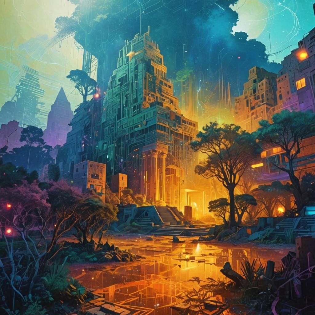 Ancient Metropolis Reborn in Cyberpunk Splendor