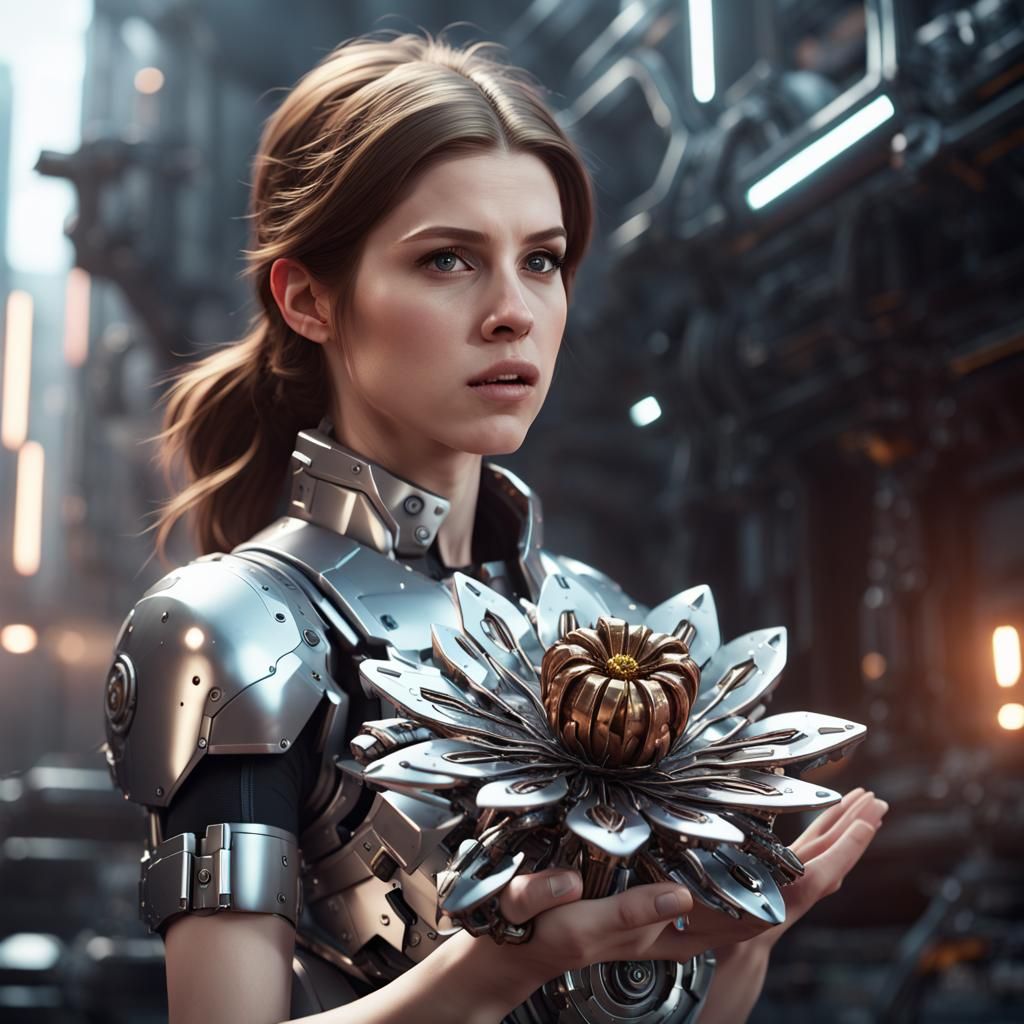 Anna Kendrick holding a metal flower in hand