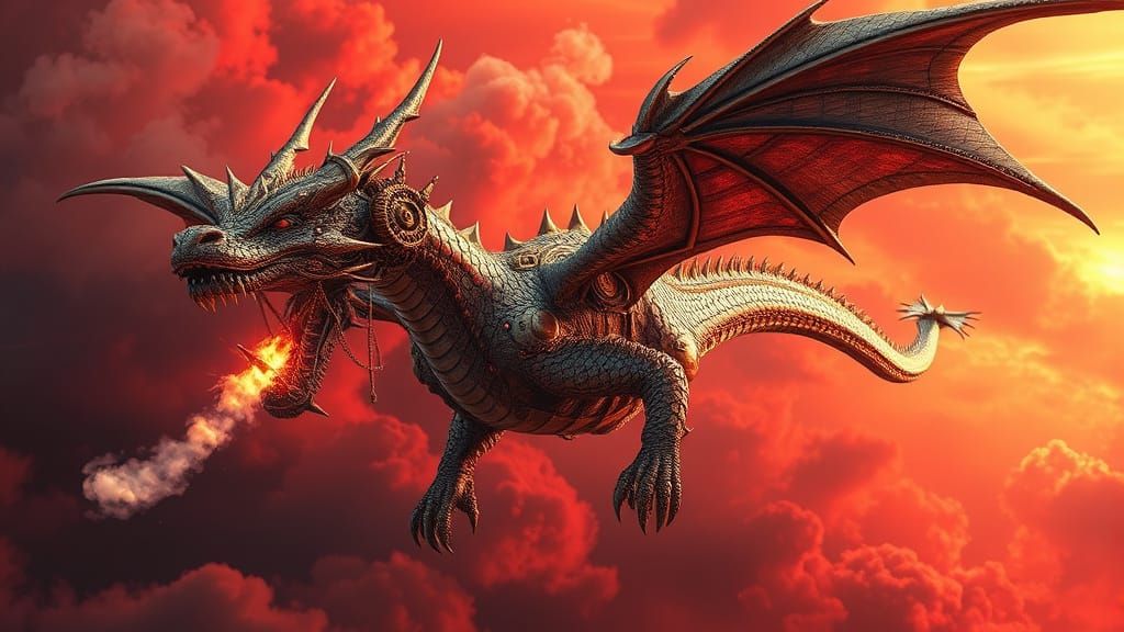 Steampunk Dragon Soaring Through Crimson Skies