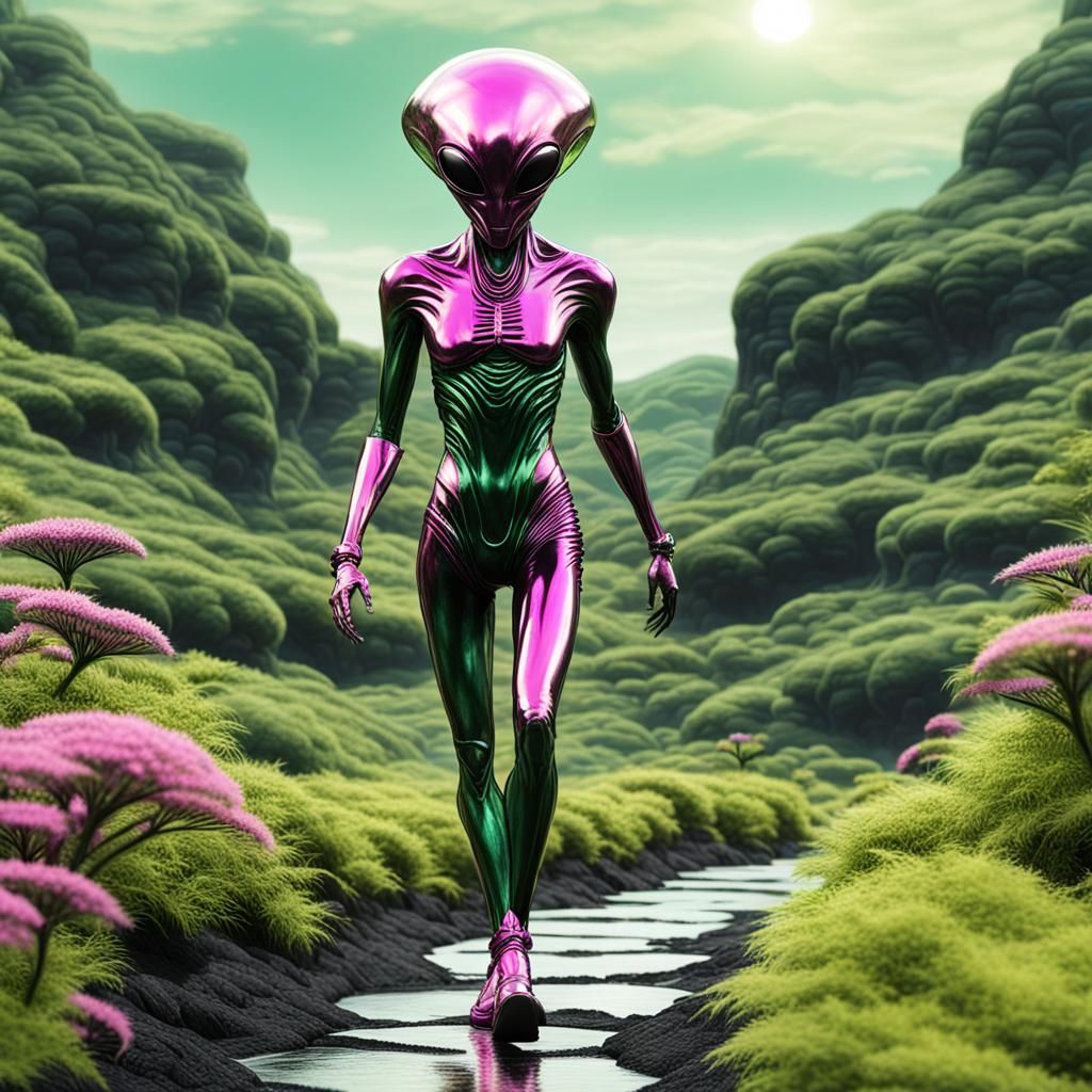 Alien with Rasta Hair in Magical Green Landscape