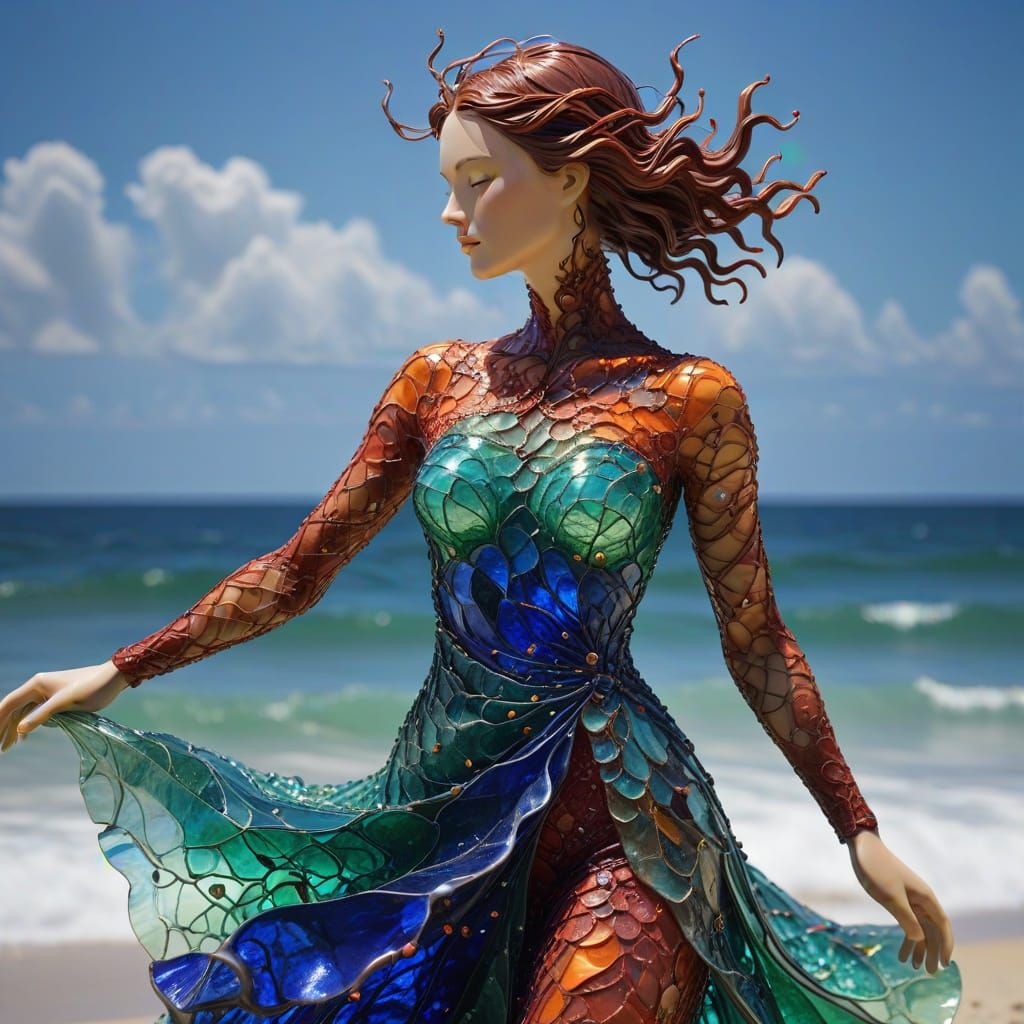 Ethereal Woman in Swirling Coral Glass Dress