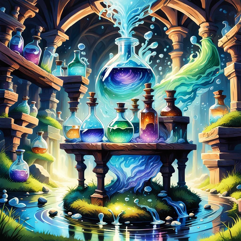 radiant, azure liquid from a vial labeled 'Magic' into a cry...