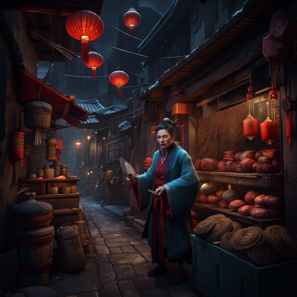 Mysterious Chinese Seller in Dark Alley: Detailed Matte Pain...