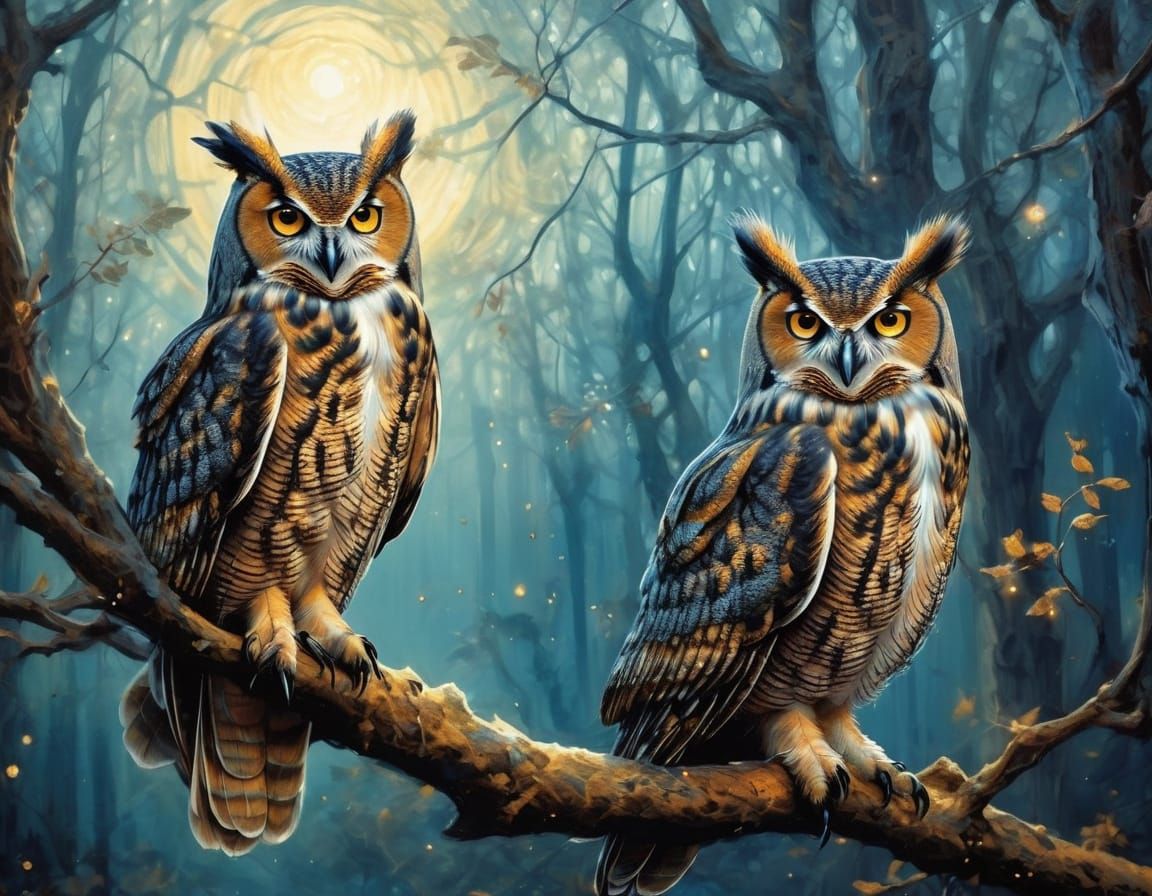 Ethereal Owls Perch on Glowing Tree Branch in Whimsical Fore...