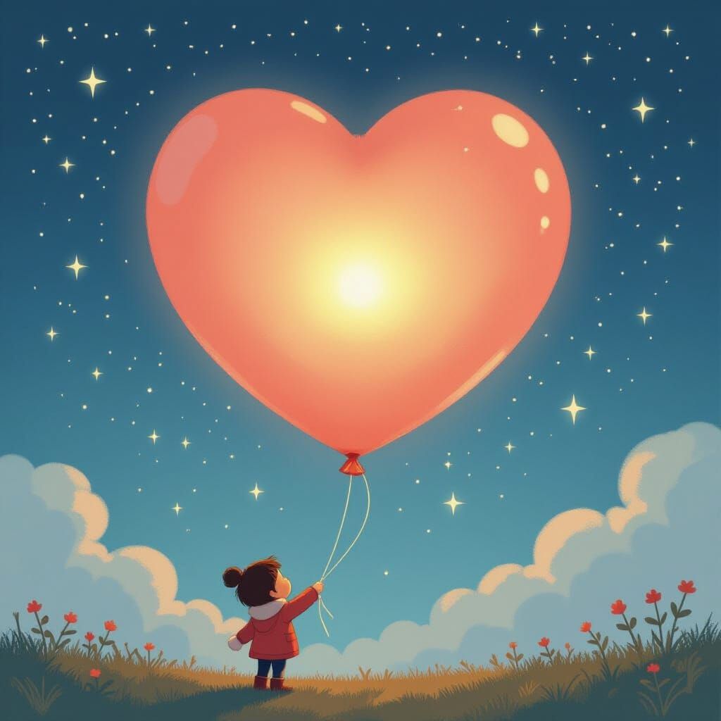 Heart Balloon Soars in Starry Sky, Dreamy Whimsical Scene