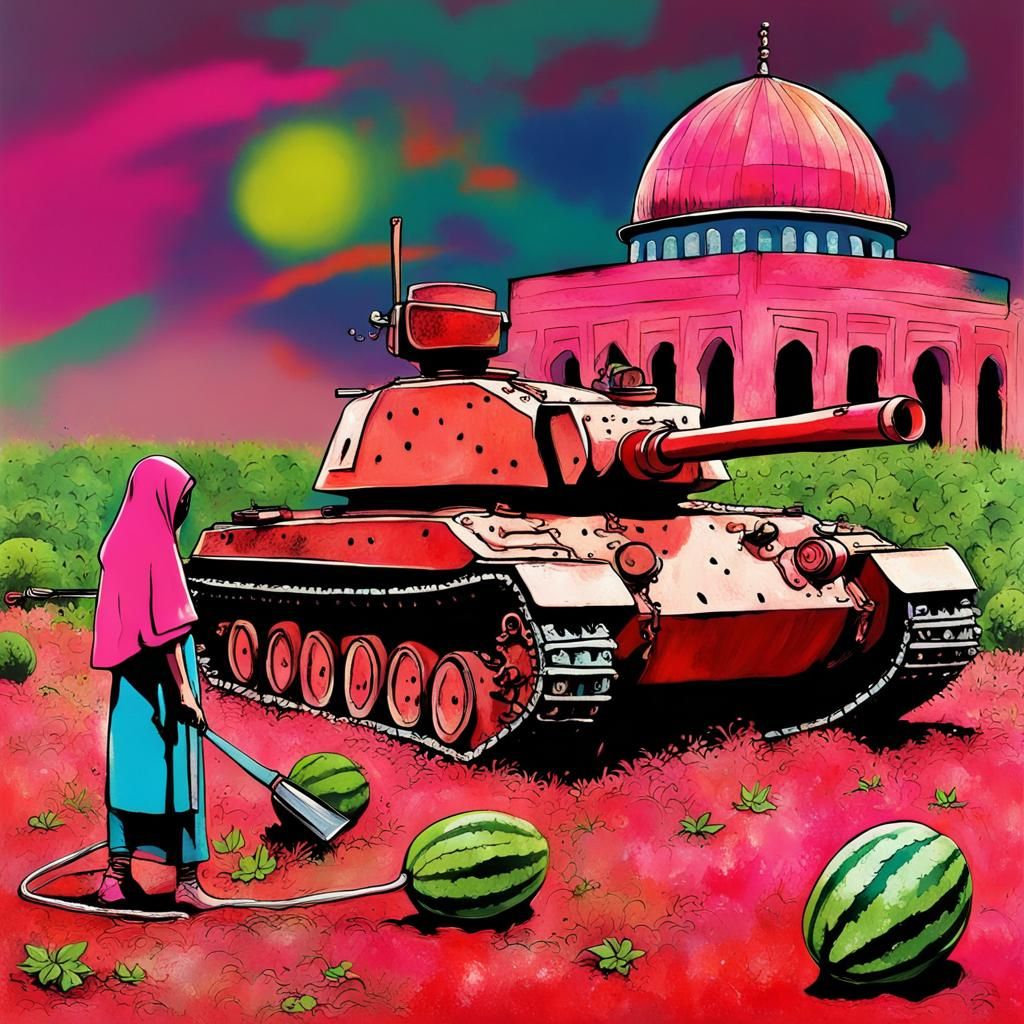 Watermelon Field Silhouette, Banksy-Style Gouache