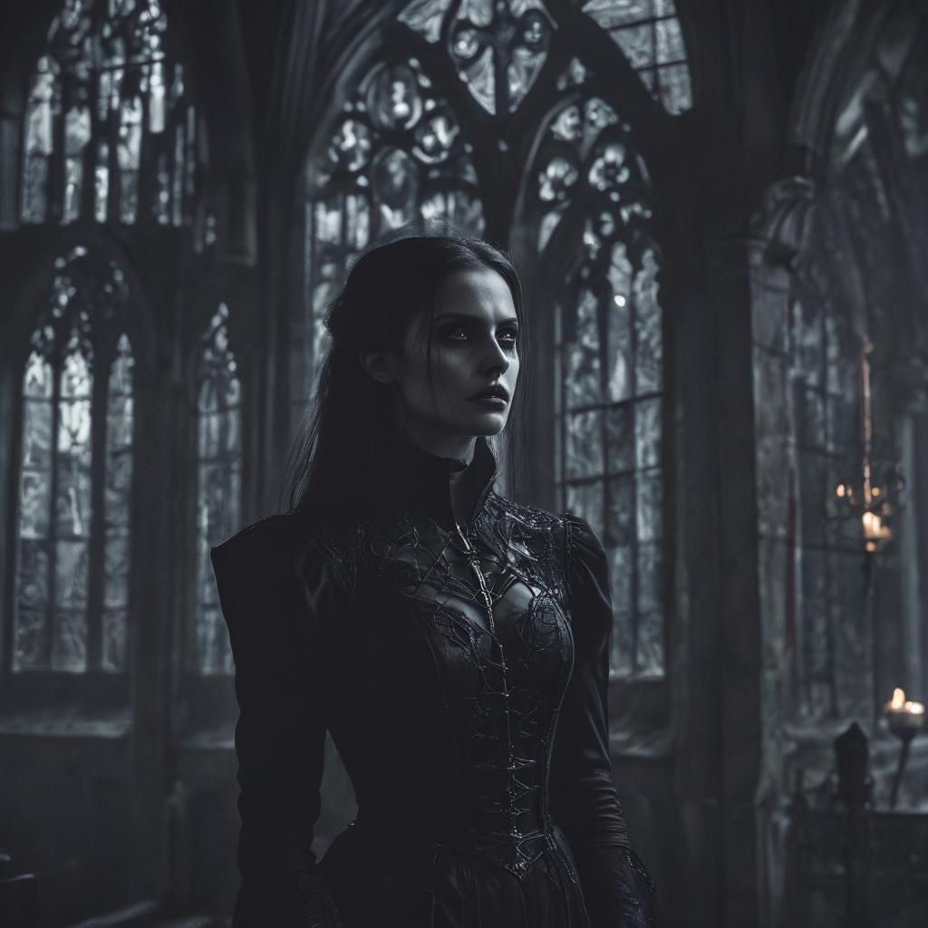 Vampire Portrait in Abandoned Church: Dark Fantasy Illustrat...
