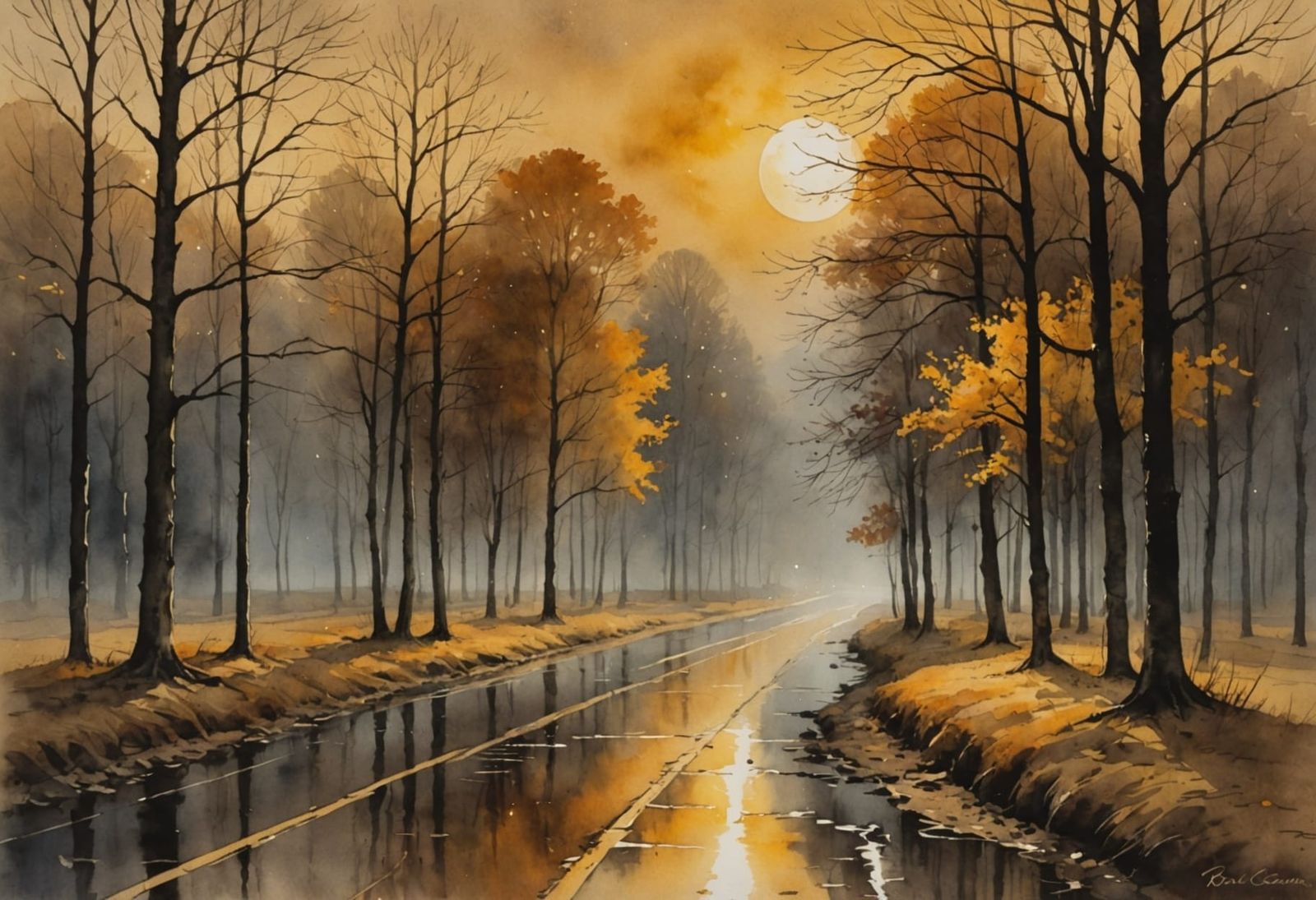 Autumn Moonlit Road in Textured Watercolor Style