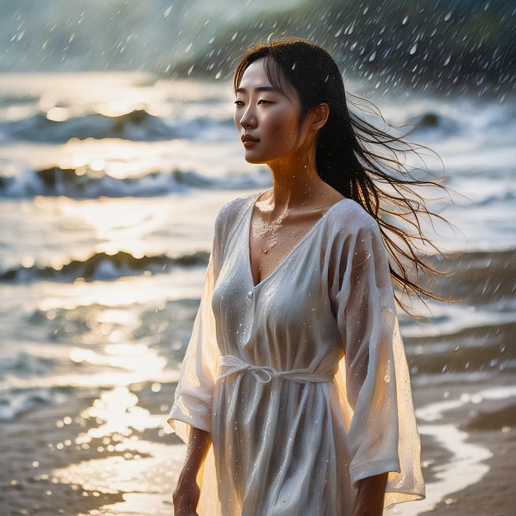 Korean Woman in Rain, Impressionist Oil Painting