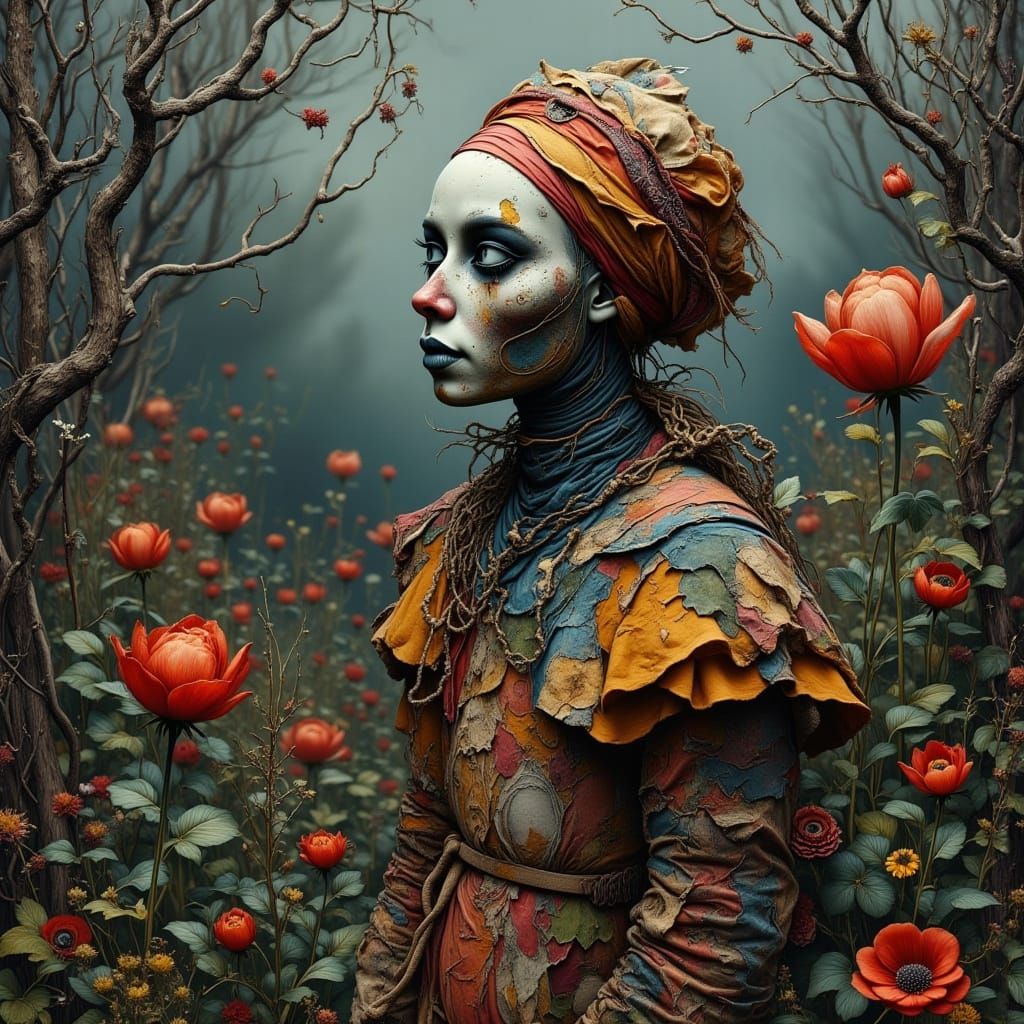 Creepy Scarecrow in Overgrown Garden, Gothic Collage