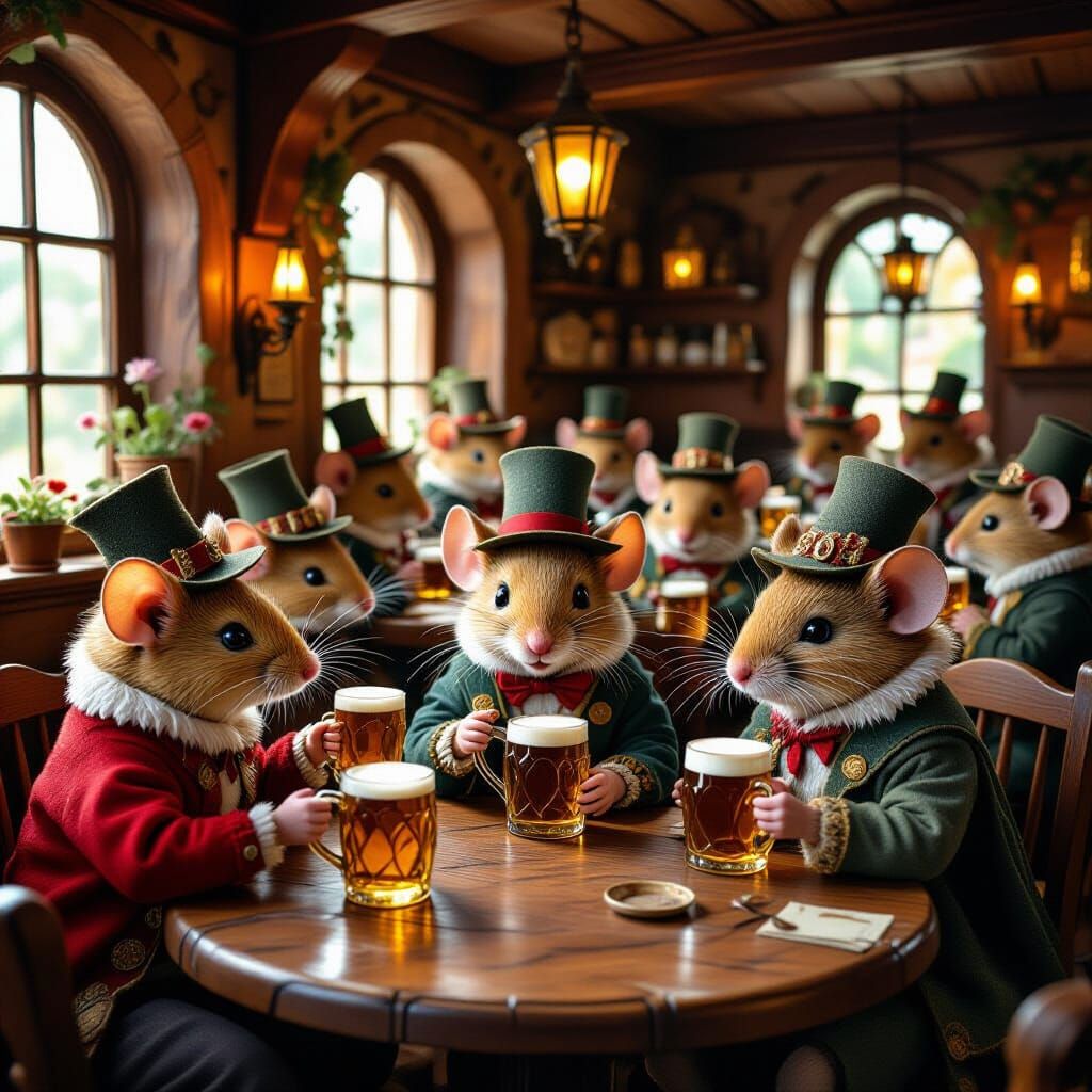 Mice in Tiny Hats Enjoying a Tavern