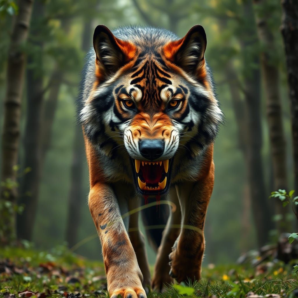 Photorealistic Tiger-Wolf Hybrid in Enchanting Forest
