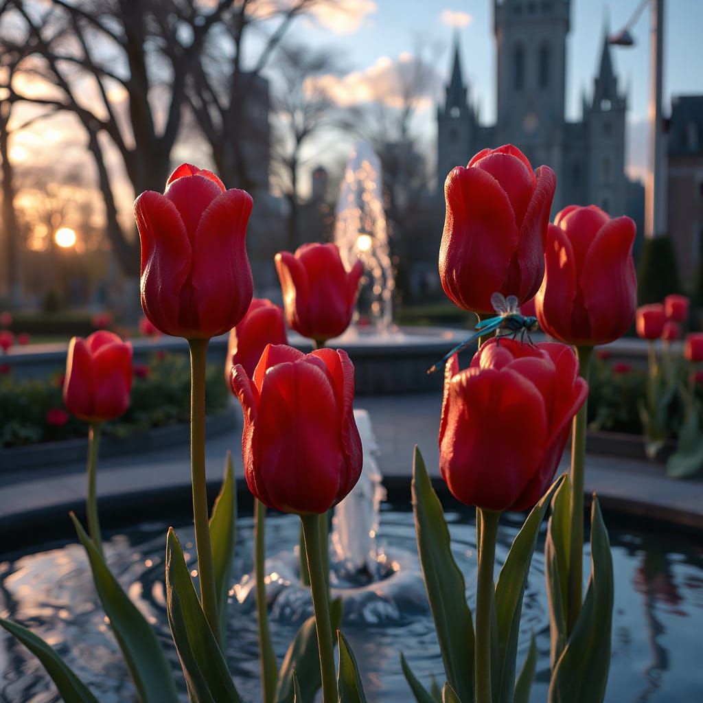 Red Tulips Glistening at Dawn in Fantastical Garden