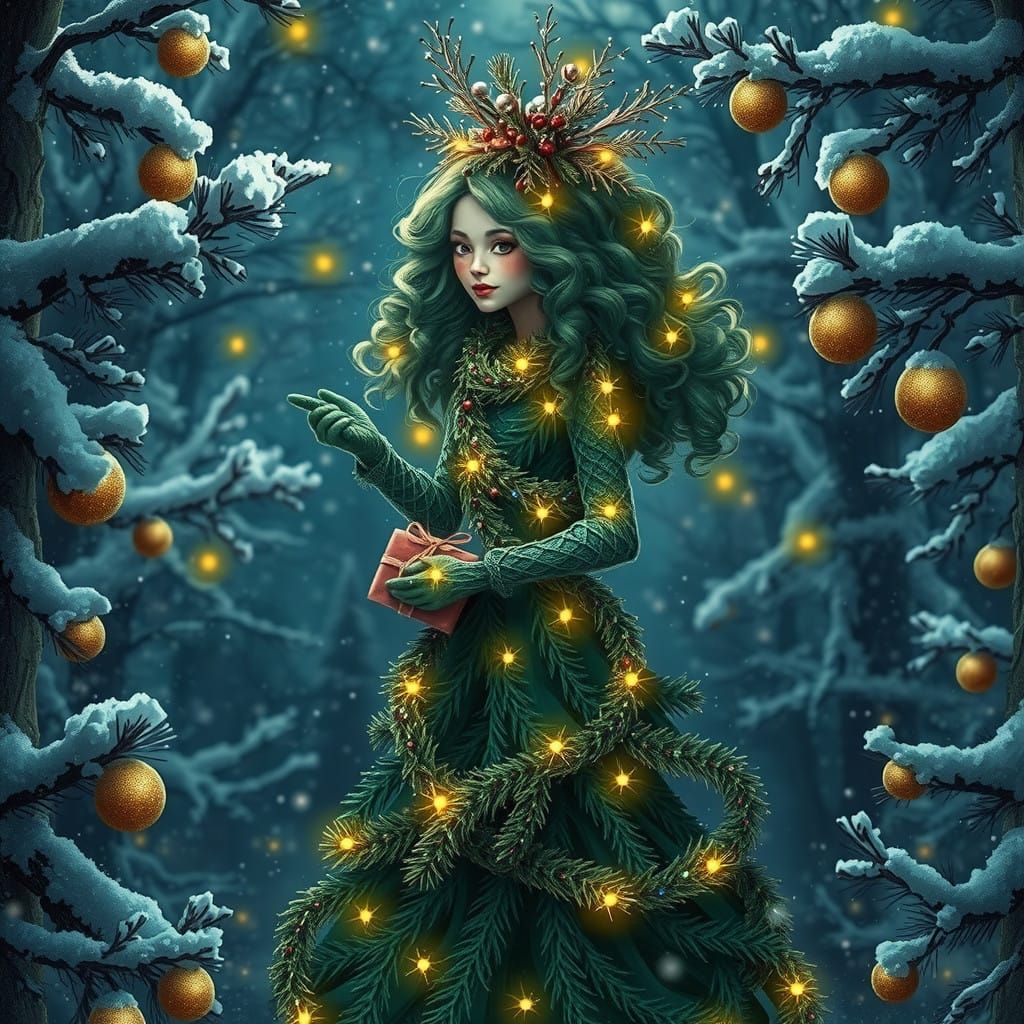 Whimsical Christmas Tree Goddess in Winter Wonderland