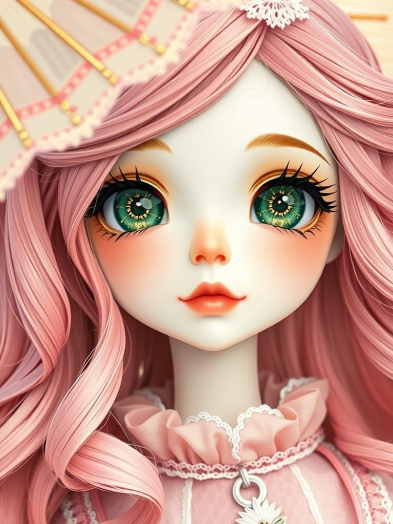 Victorian Anime Goddess with Green Eyes and Pink Hair