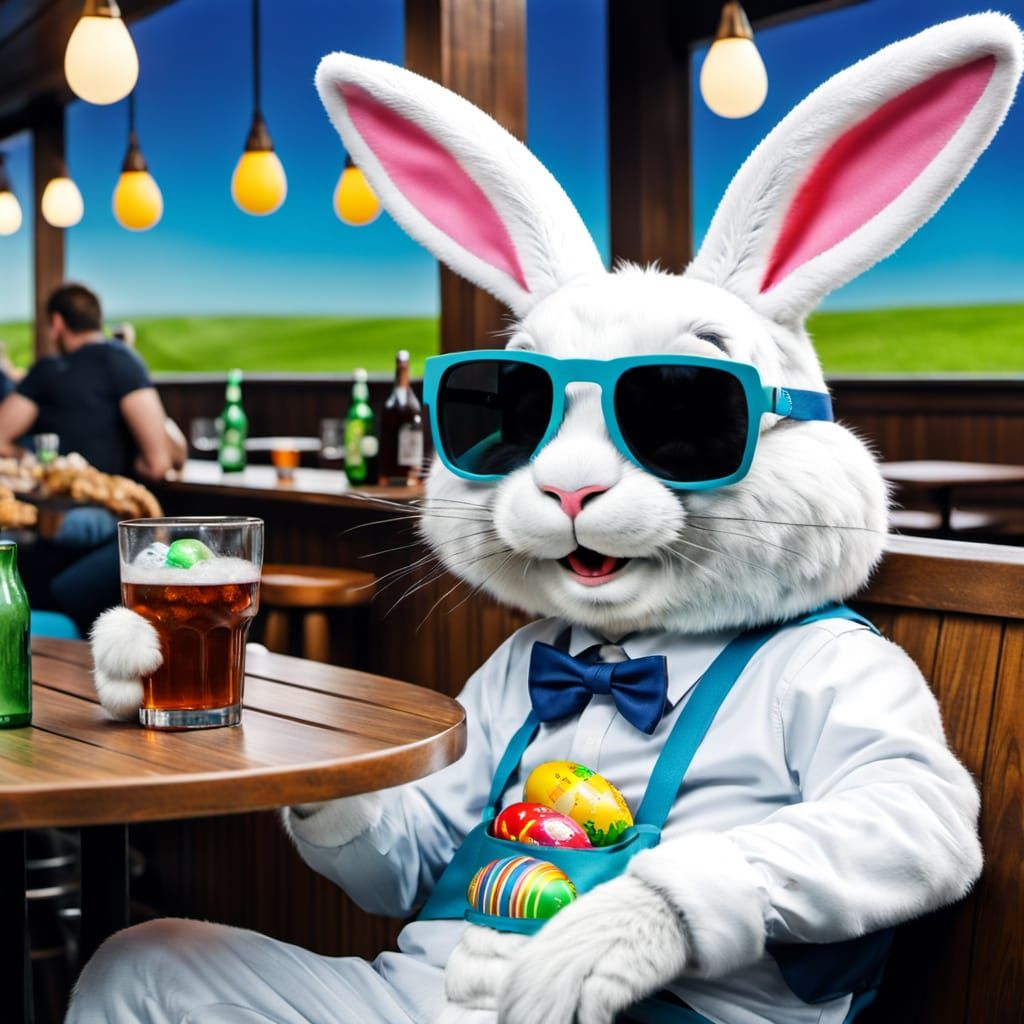 Easter Bunny Unwinds in a Smoky Bar