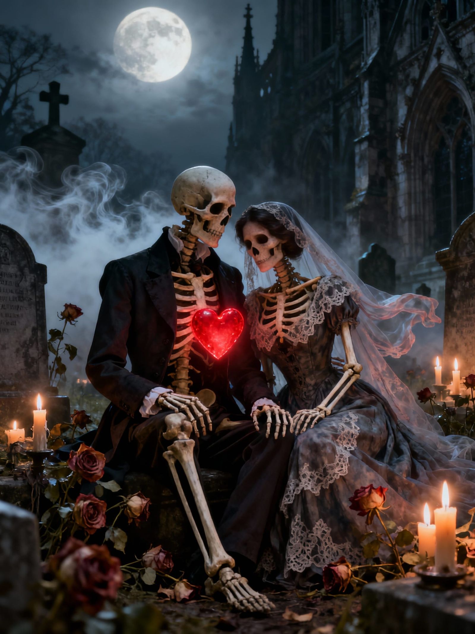 Gothic Skeleton Lovers in Moonlit Graveyard