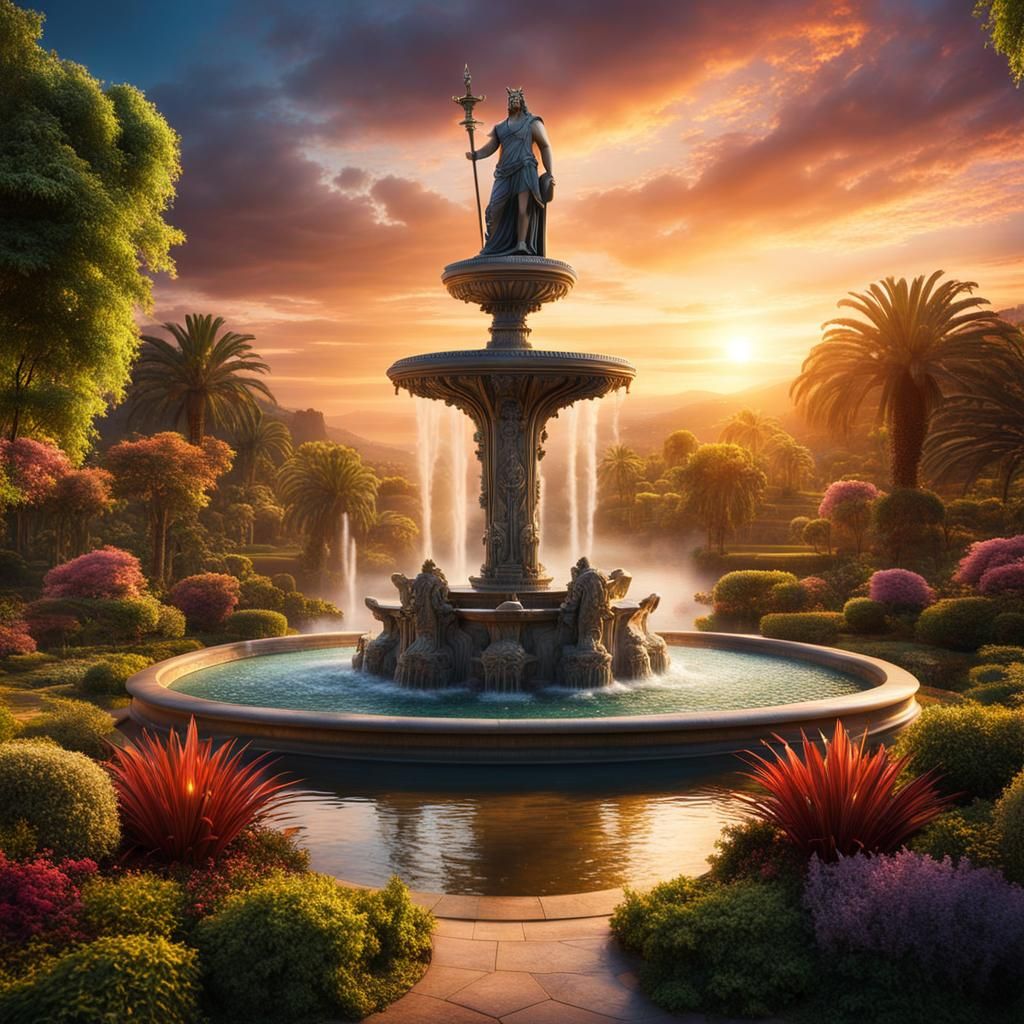 Poseidon Statue Fountain in Fantasy Garden