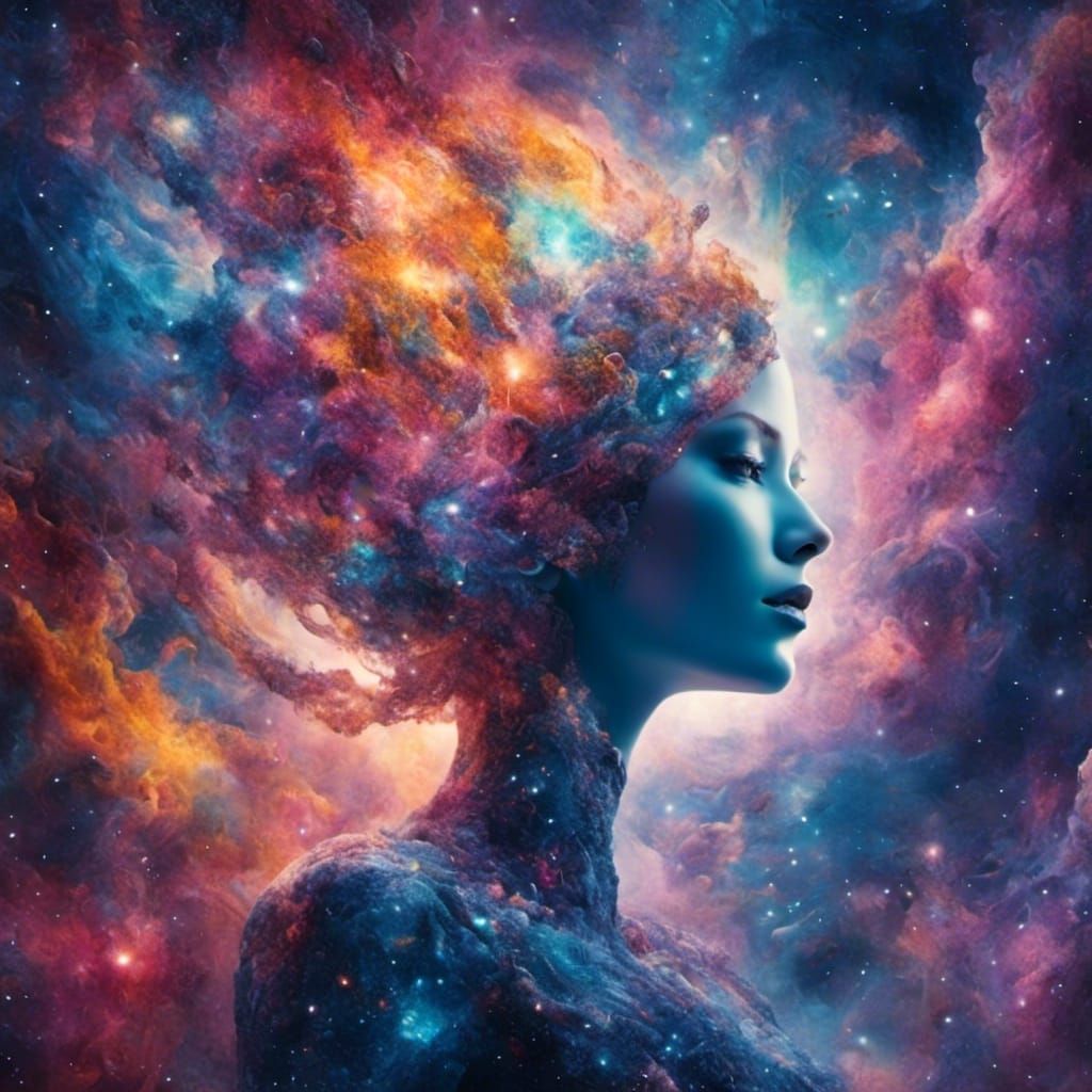 Giant Woman Creates Galaxy in Translucent Colors