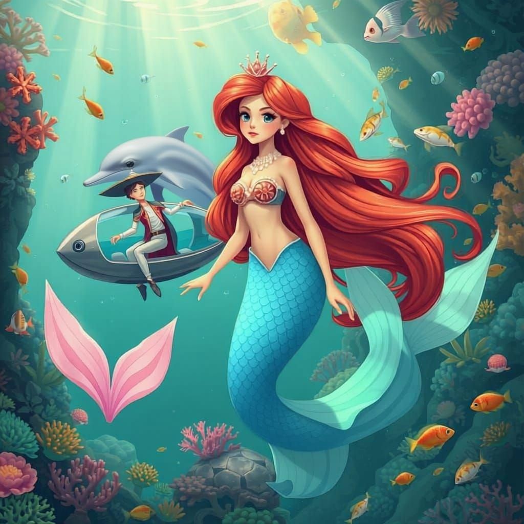 Mermaid and Prince in Colorful Ocean with Turtle